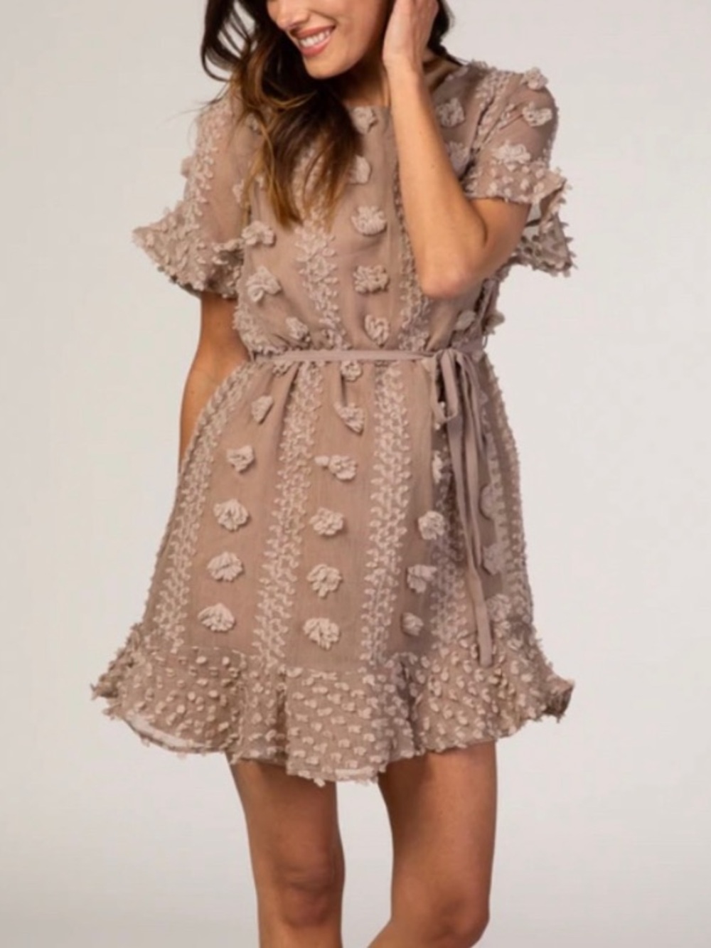 Benny + Olive Taupe/Rose Textured Flutter-Sleeve Mini Dress